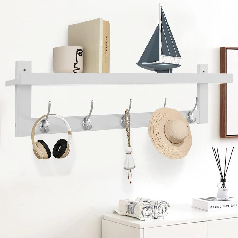 Coat Hooks with Shelf Wall-Mounted, Bamboo Hanging Shelf with 5 Double Metal Hooks