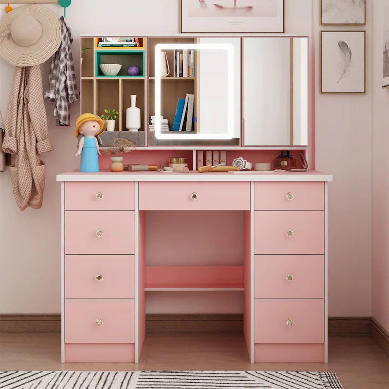 Spacious Vanity Desk with Mirrored Storage Cabinets - A Beauty Oasis