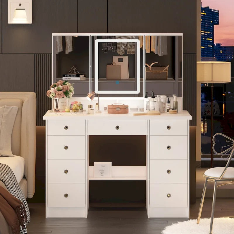 Spacious Vanity Desk with Mirrored Storage Cabinets - A Beauty Oasis