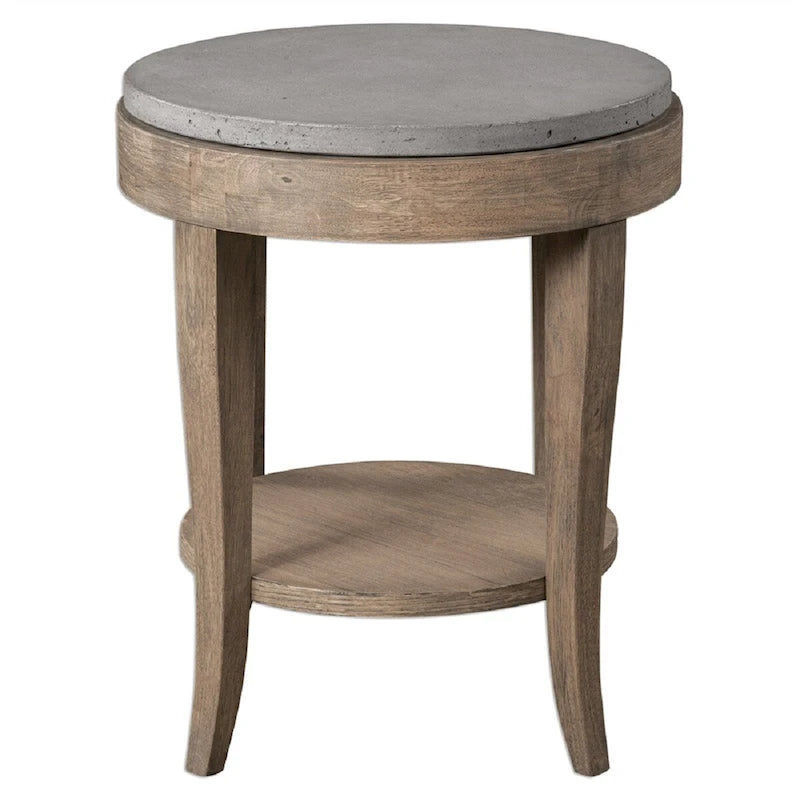 28.5 Brown Gray Vintage Style Round Concrete Birchwood Accent Table