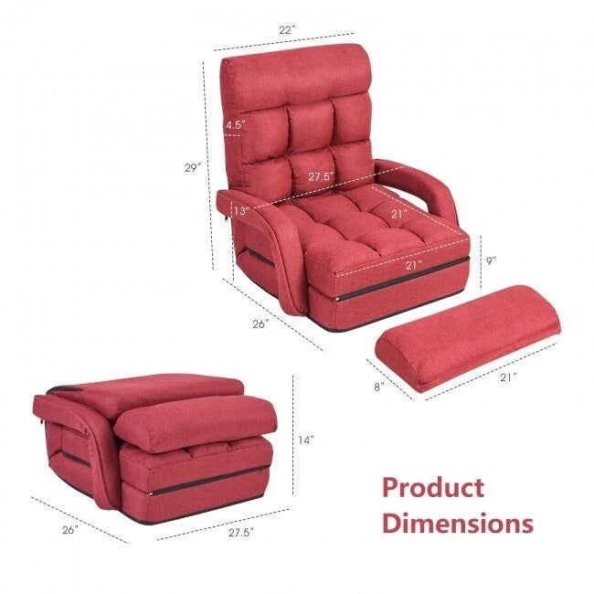 Folding Lazy Floor Chair Sofa with Armrests and Pillow-Red - 22 x 26 x 29 (L x W x H)