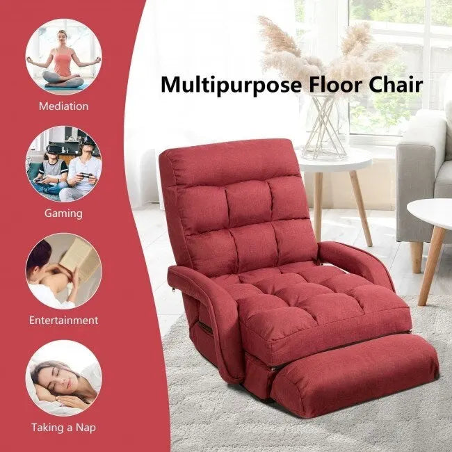 Folding Lazy Floor Chair Sofa with Armrests and Pillow-Red - 22 x 26 x 29 (L x W x H)