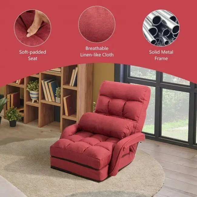Folding Lazy Floor Chair Sofa with Armrests and Pillow-Red - 22 x 26 x 29 (L x W x H)