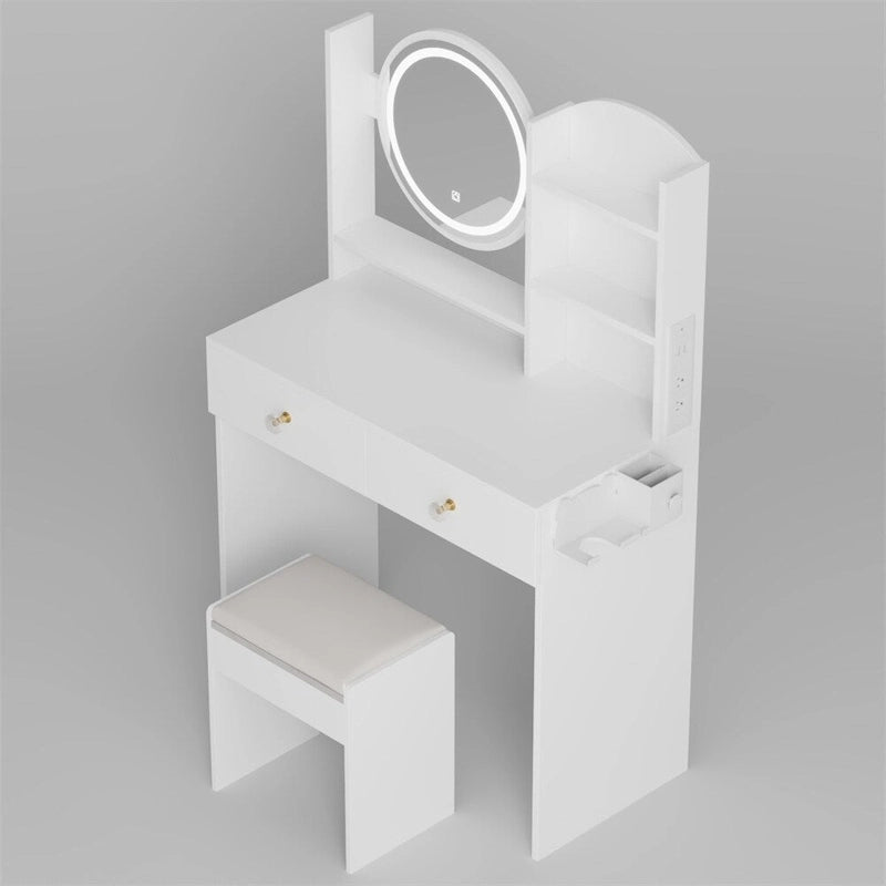 LED Mirror Vanity Table w/ Cushioned Stool & 2 AC+2 USB Power Station
