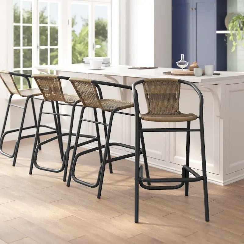 Commercial Indoor-Outdoor Rattan Restaurant Barstool with Aluminum Frame-Set of 4