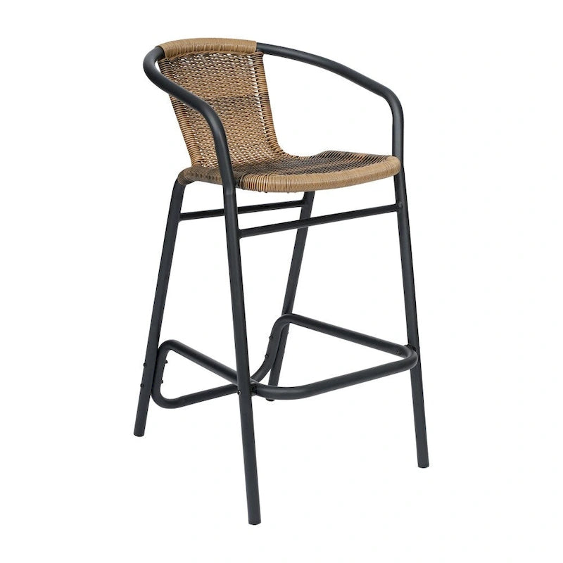 Commercial Indoor-Outdoor Rattan Restaurant Barstool with Aluminum Frame-Set of 4
