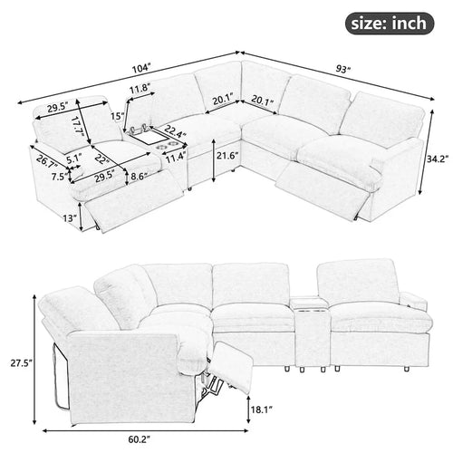 104 Power Recliner Corner Sofa Home Theater Reclining Sofa Sectional Couches with Storage Box, Cup Holders, USB Ports