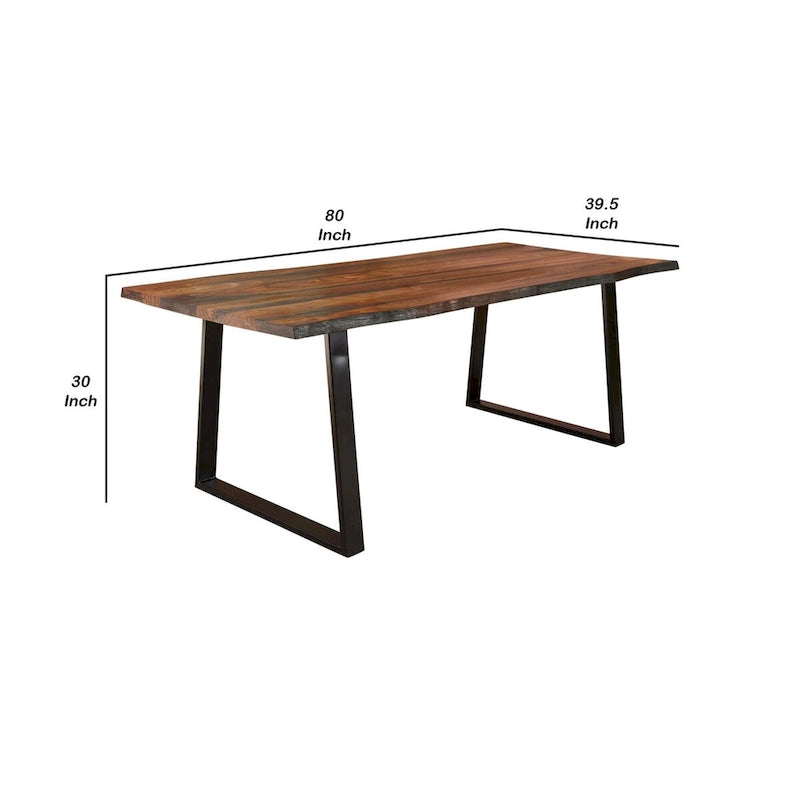 Maze 80 Inch Rectangular Dining Table, Live Edge, Iron Base, Chestnut Brown