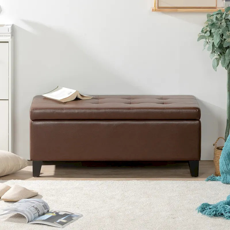 Storage Ottoman with Wooden Legs,Leather Ottoman with Storage for Living Room,Bedroom