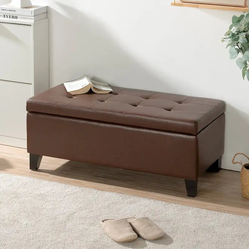 Storage Ottoman with Wooden Legs,Leather Ottoman with Storage for Living Room,Bedroom