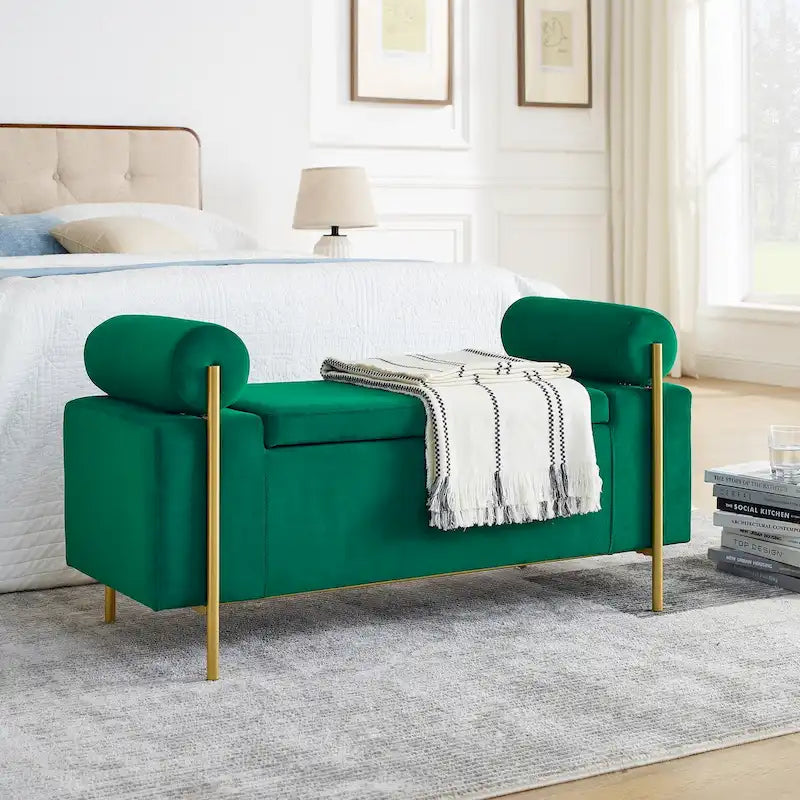GEITIN Upholstered Velvet Storage Bench with Cylindrical Arms