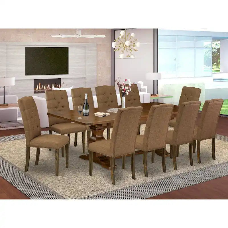 East West Furniture 11 Piece Kitchen Table Set- a Dining Table and 10 Linen Fabric Parson Chairs(Finish Options)