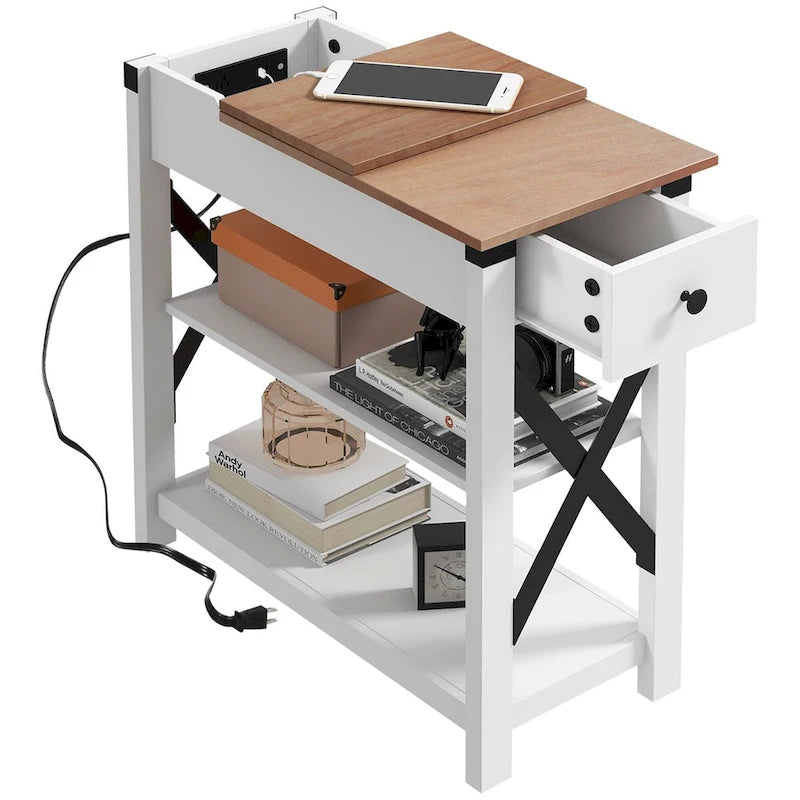 1-Drawer Side Table with 2 USB Ports, 1 Outlet and Shelves
