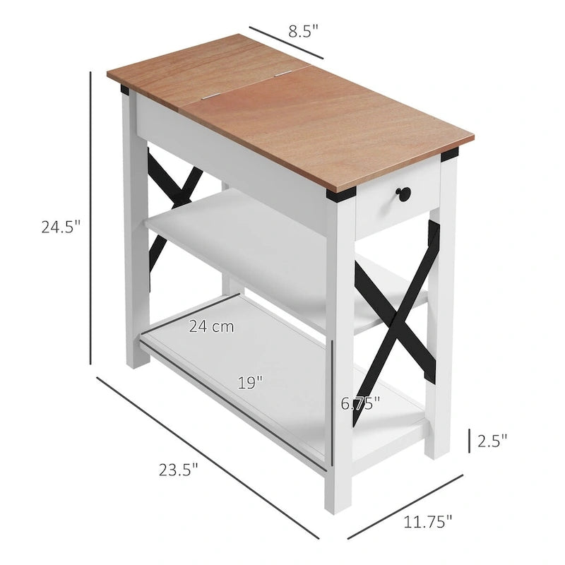 1-Drawer Side Table with 2 USB Ports, 1 Outlet and Shelves