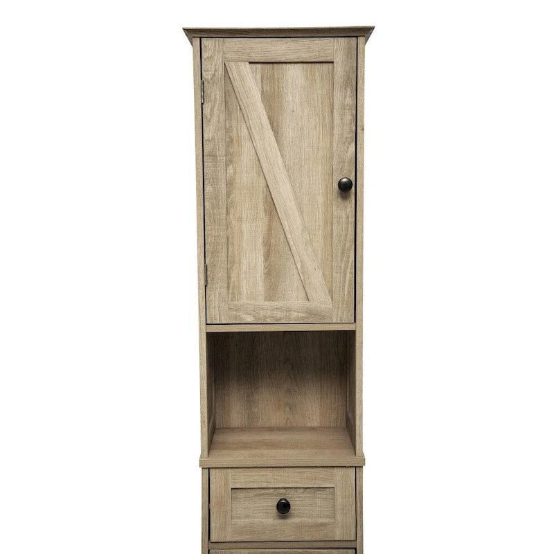 Farmhouse Freestanding Linen Tower with Shelves, Drawer, and Doors