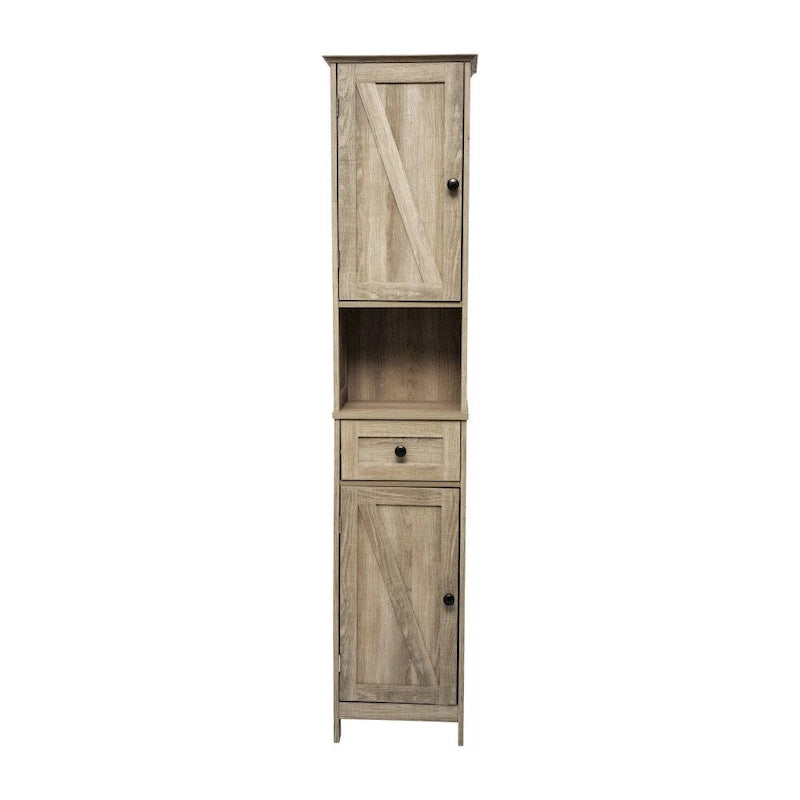 Farmhouse Freestanding Linen Tower with Shelves, Drawer, and Doors