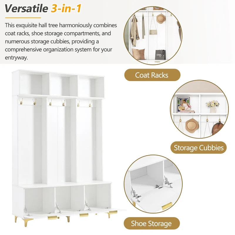 Storage Hall Tree with Bench, Multi-functional Storage Bench with High Gloss Fluted Doors, Coat Rack with 6 Hooks and Legs